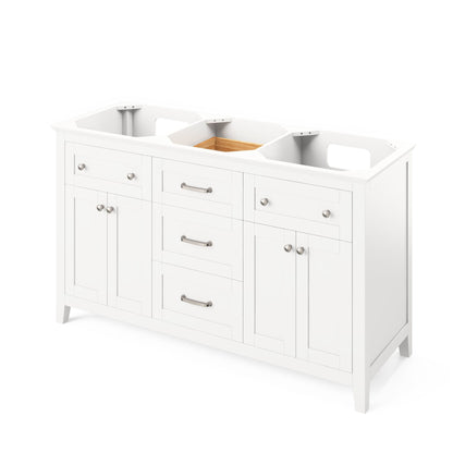 Hardware Resources Jeffrey Alexander Chatham 60" White Freestanding Vanity With Double Bowl, Boulder Cultured Marble Vanity Top, Backsplash and Rectangle Undermount Sink
