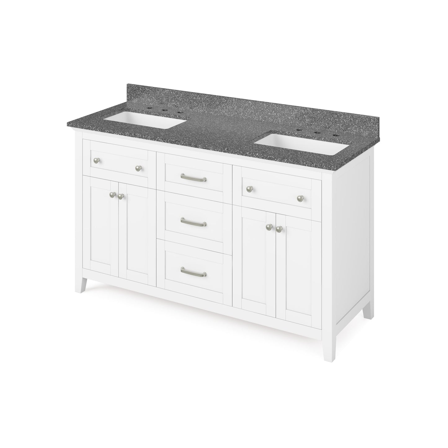 Hardware Resources Jeffrey Alexander Chatham 60" White Freestanding Vanity With Double Bowl, Boulder Cultured Marble Vanity Top, Backsplash and Rectangle Undermount Sink