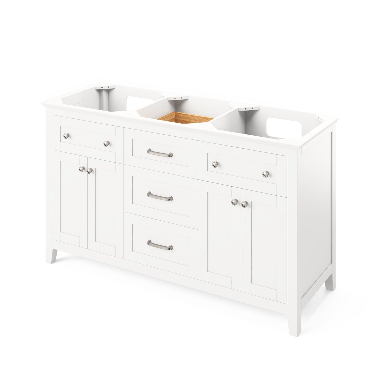 Hardware Resources Jeffrey Alexander Chatham 60" White Freestanding Vanity With Double Bowl, Steel Gray Cultured Marble Vanity Top, Backsplash and Rectangle Undermount Sink