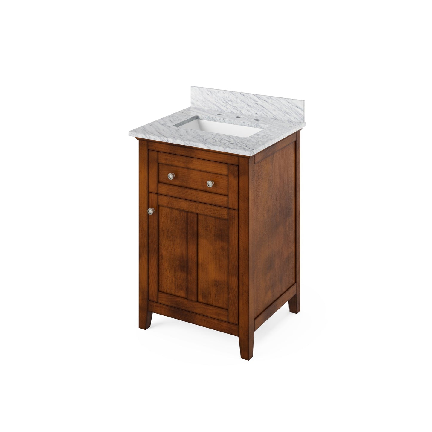 Hardware Resources Jeffrey Alexander Chatham Vanities 24" Chocolate Freestanding Vanity With White Carrara Marble Vanity Top, Backsplash and Rectangle Undermount Sink