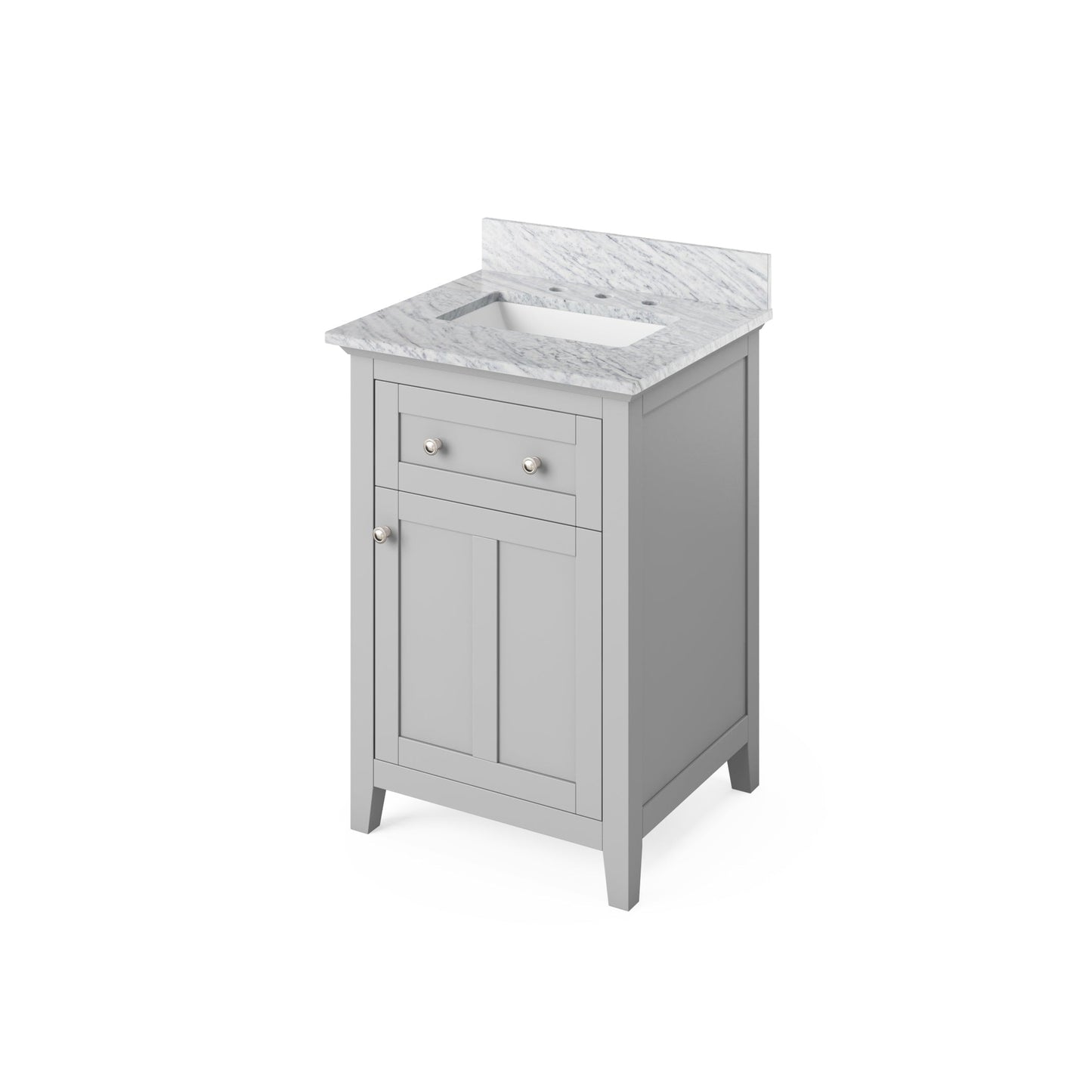 Hardware Resources Jeffrey Alexander Chatham Vanities 24" Gray Freestanding Vanity With White Carrara Marble Vanity Top, Backsplash and Rectangle Undermount Sink