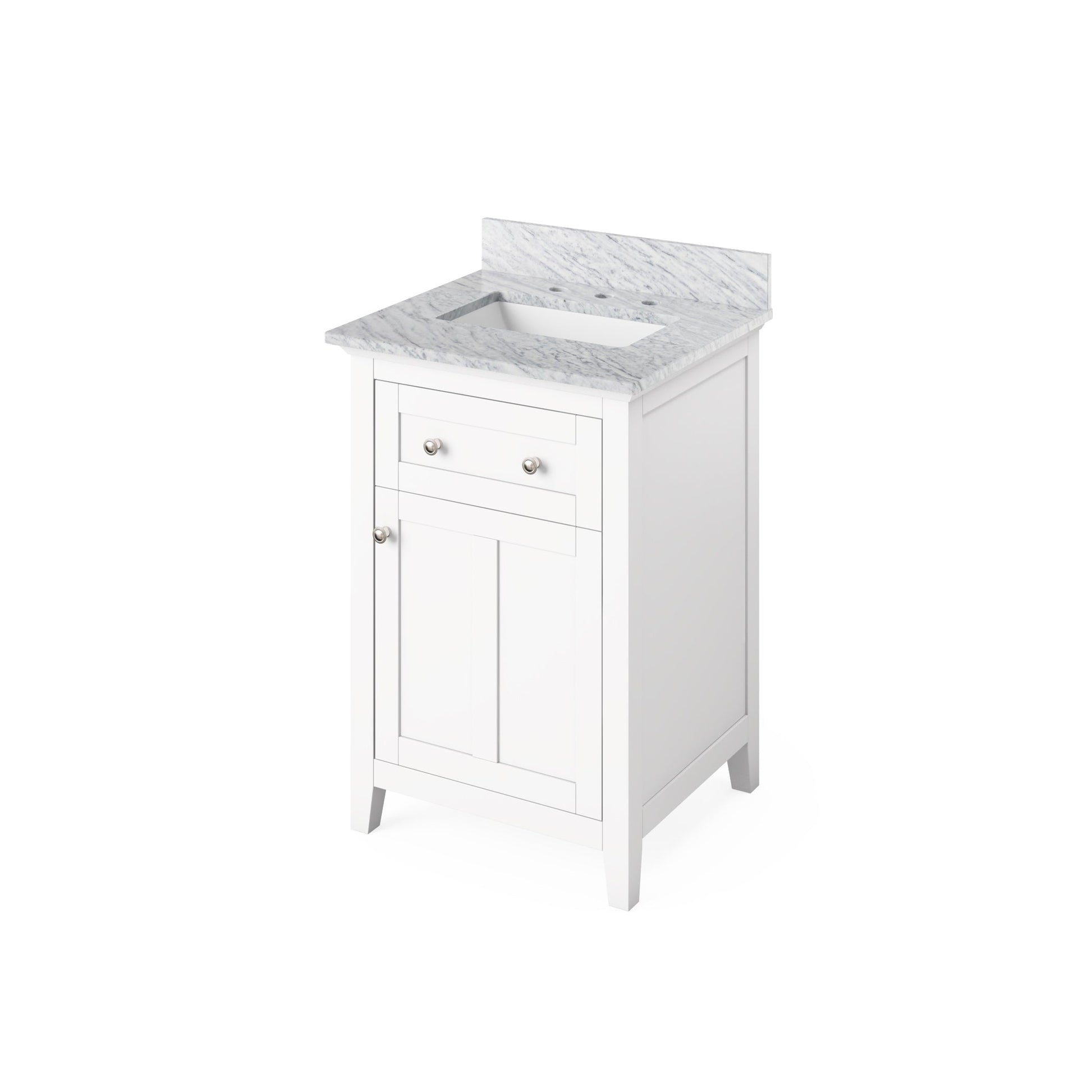 Hardware Resources Jeffrey Alexander Chatham Vanities 24" White Freestanding Vanity With White Carrara Marble Vanity Top, Backsplash and Rectangle Undermount Sink