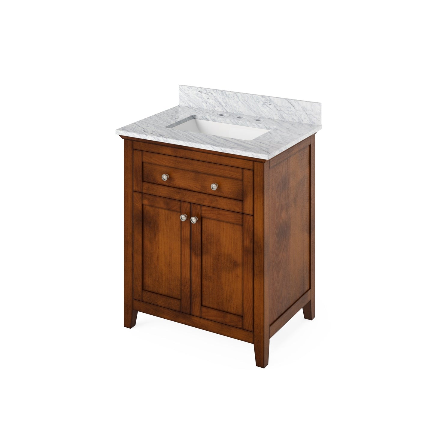 Hardware Resources Jeffrey Alexander Chatham Vanities 30" Chocolate Freestanding Vanity With White Carrara Marble Vanity Top, Backsplash and Rectangle Undermount Sink