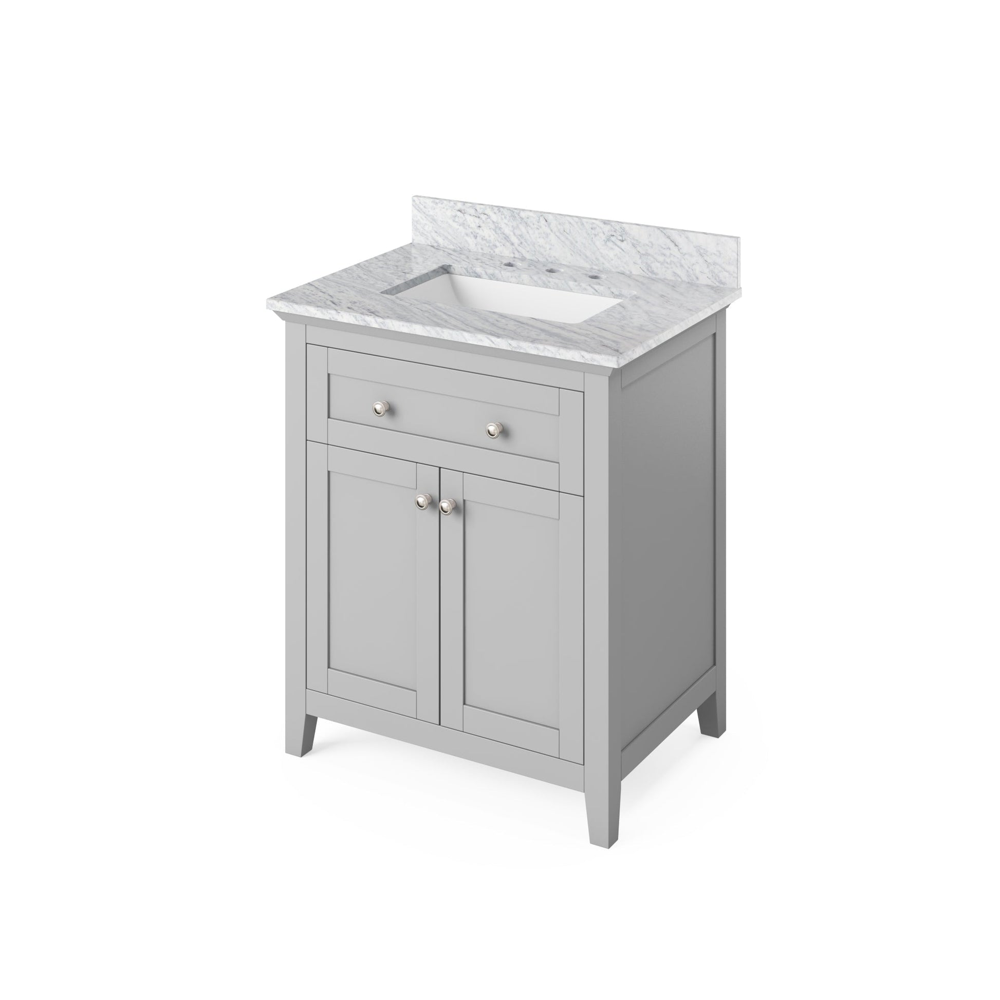 Hardware Resources Jeffrey Alexander Chatham Vanities 30" Gray Freestanding Vanity With White Carrara Marble Vanity Top, Backsplash and Rectangle Undermount Sink