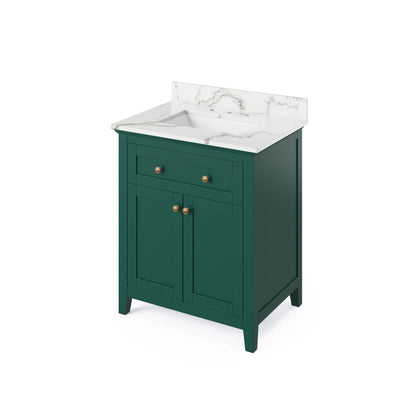 Hardware Resources Jeffrey Alexander Chatham Vanities 30" Green Freestanding Vanity With Calacatta Vienna Quartz Vanity Top, Backsplash and Rectangle Undermount Sink