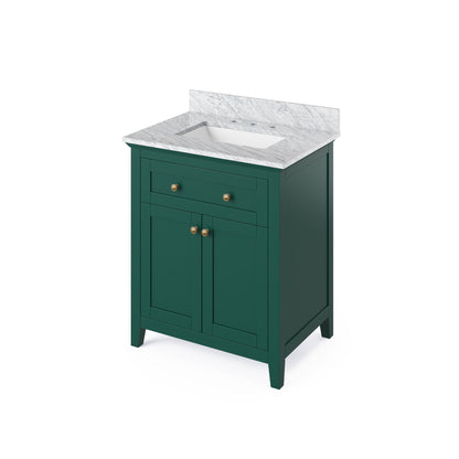 Hardware Resources Jeffrey Alexander Chatham Vanities 30" Green Freestanding Vanity With White Carrara Marble Vanity Top, Backsplash and Rectangle Undermount Sink