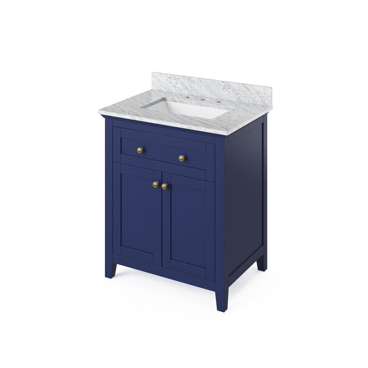 Hardware Resources Jeffrey Alexander Chatham Vanities 30" Hale Blue Freestanding Vanity With White Carrara Marble Vanity Top, Backsplash and Rectangle Undermount Sink