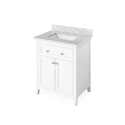 Hardware Resources Jeffrey Alexander Chatham Vanities 30" White Freestanding Vanity With White Carrara Marble Vanity Top, Backsplash and Rectangle Undermount Sink