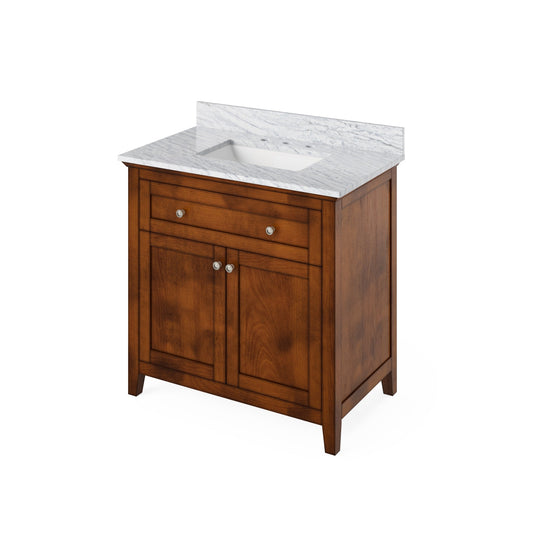 Hardware Resources Jeffrey Alexander Chatham Vanities 36" Chocolate Freestanding Vanity With White Carrara Marble Vanity Top, Backsplash and Rectangle Undermount Sink