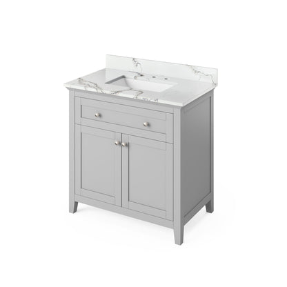 Hardware Resources Jeffrey Alexander Chatham Vanities 36" Gray Freestanding Vanity With Calacatta Vienna Quartz Vanity Top, Backsplash and Rectangle Undermount Sink