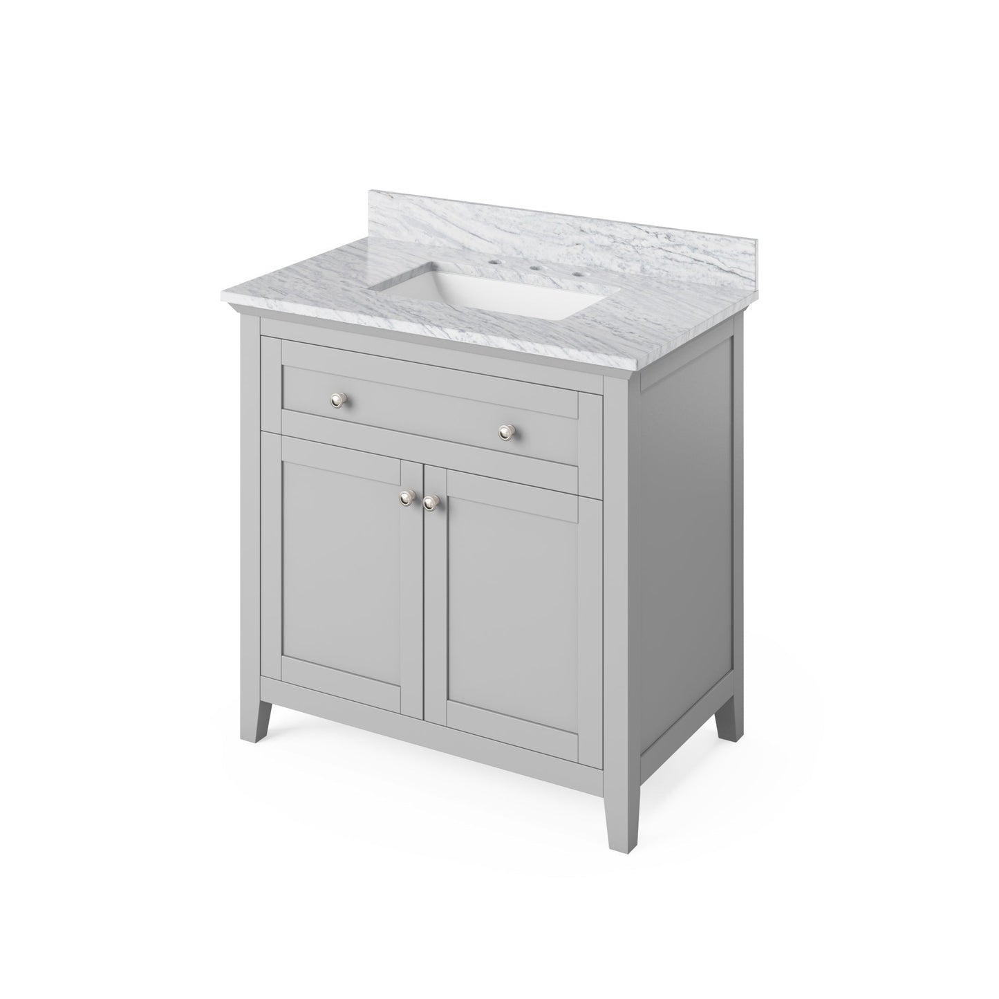 Hardware Resources Jeffrey Alexander Chatham Vanities 36" Gray Freestanding Vanity With White Carrara Marble Vanity Top, Backsplash and Rectangle Undermount Sink