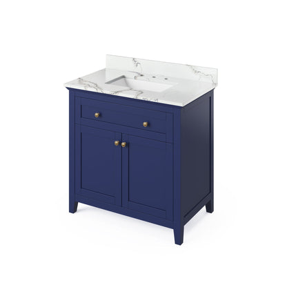 Hardware Resources Jeffrey Alexander Chatham Vanities 36" Hale Blue Freestanding Vanity With Calacatta Vienna Quartz Vanity Top, Backsplash and Rectangle Undermount Sink