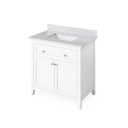 Hardware Resources Jeffrey Alexander Chatham Vanities 36" White Freestanding Vanity With White Carrara Marble Vanity Top, Backsplash and Rectangle Undermount Sink