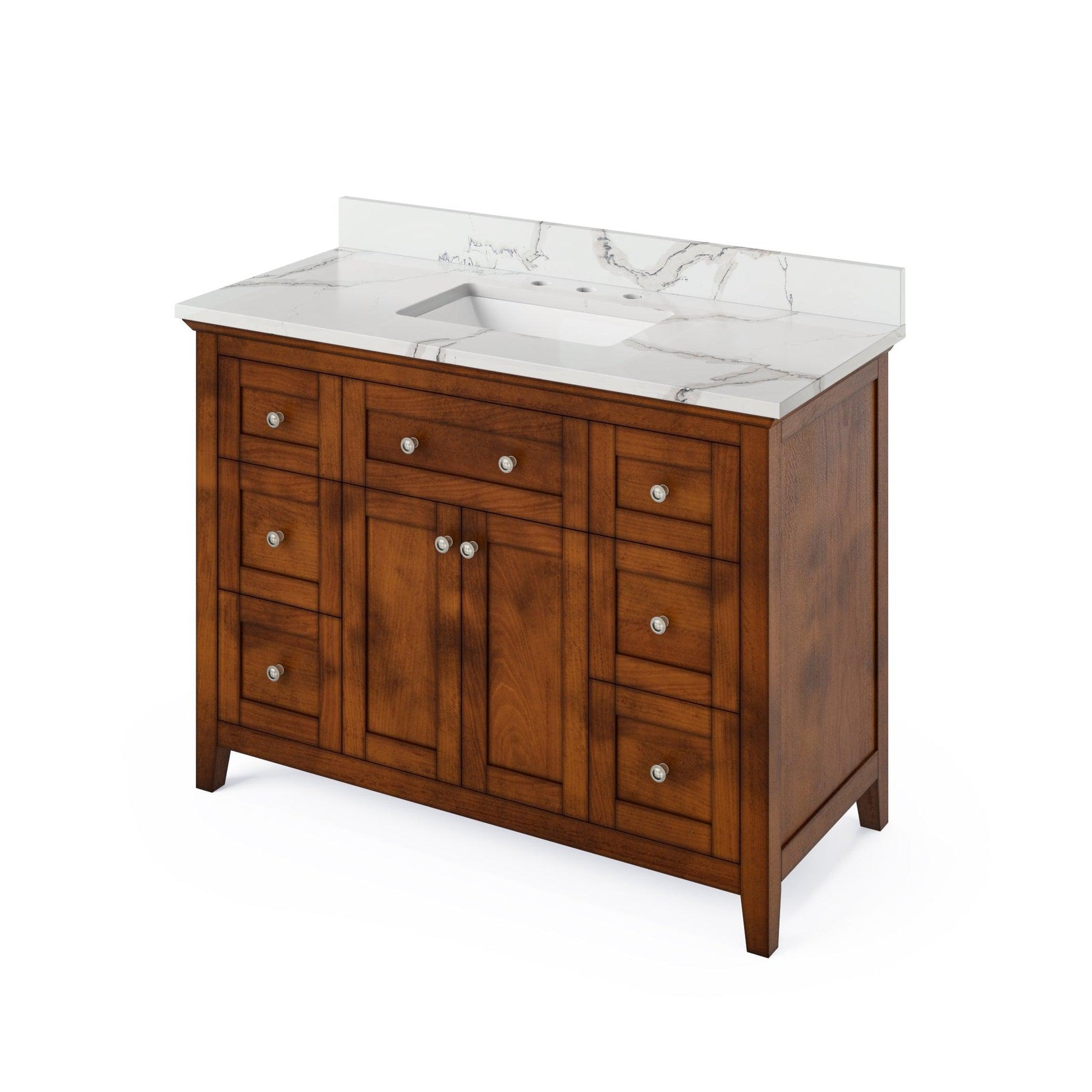 Hardware Resources Jeffrey Alexander Chatham Vanities 48" Chocolate Freestanding Vanity With Calacatta Vienna Quartz Vanity Top, Backsplash and Rectangle Undermount Sink