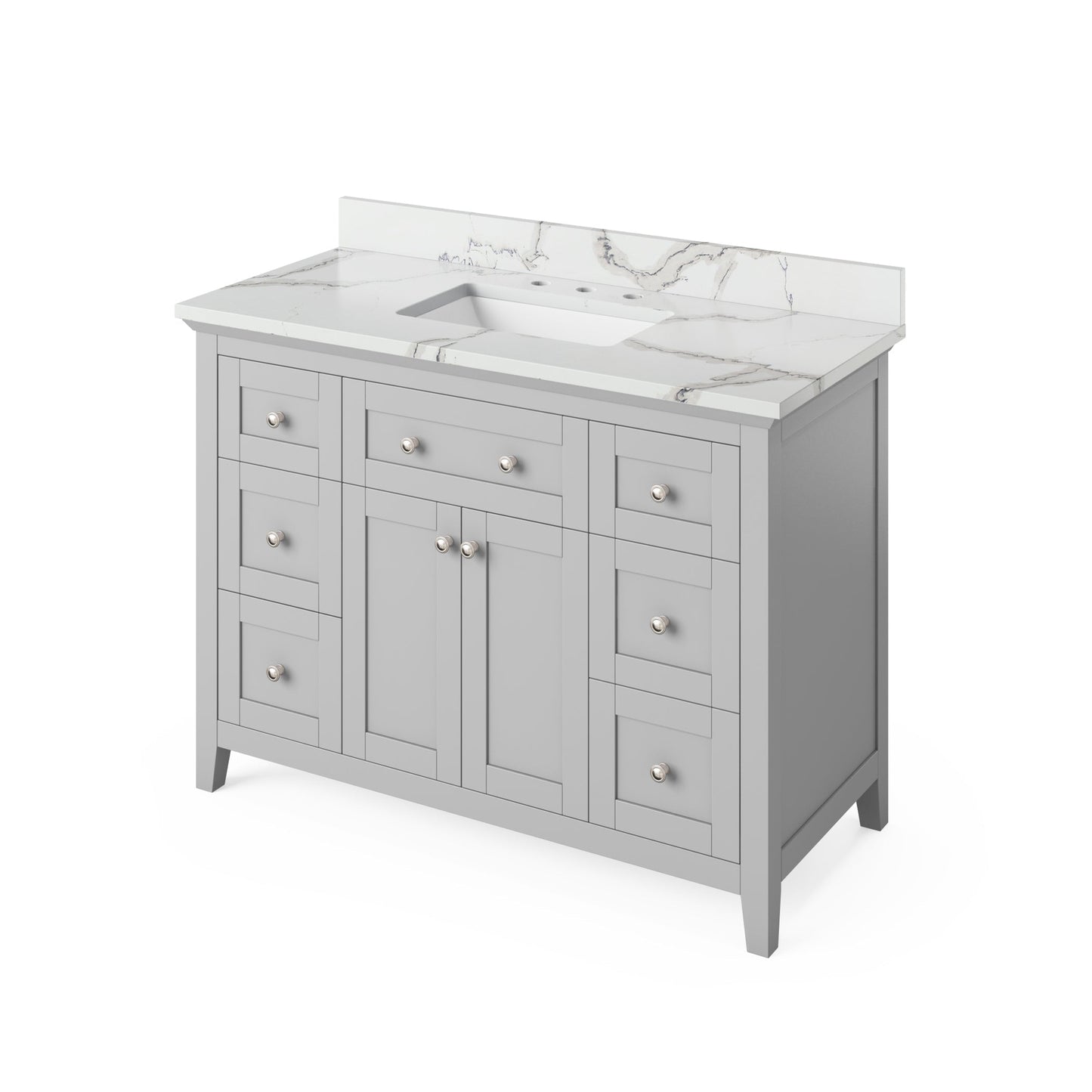 Hardware Resources Jeffrey Alexander Chatham Vanities 48" Gray Freestanding Vanity With Calacatta Vienna Quartz Vanity Top, Backsplash and Rectangle Undermount Sink