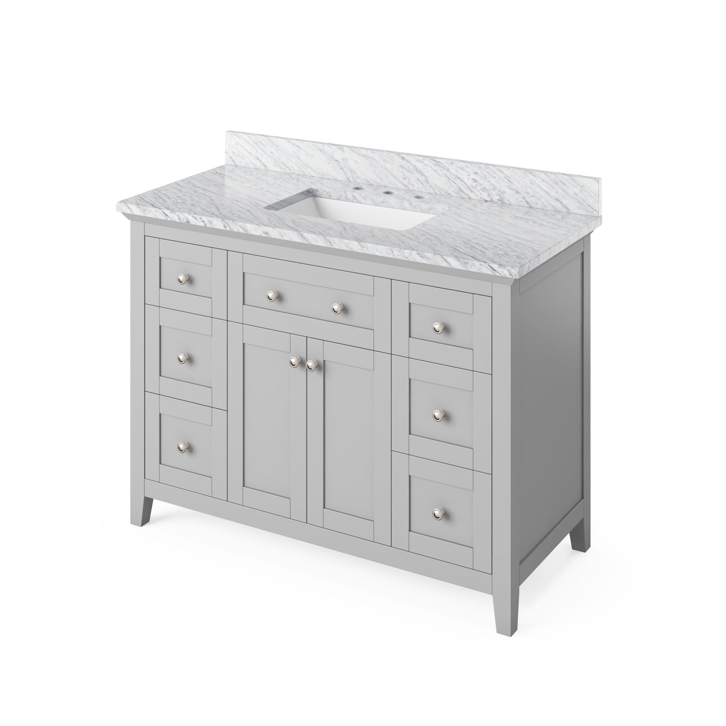 Hardware Resources Jeffrey Alexander Chatham Vanities 48" Gray Freestanding Vanity With White Carrara Marble Vanity Top, Backsplash and Rectangle Undermount Sink