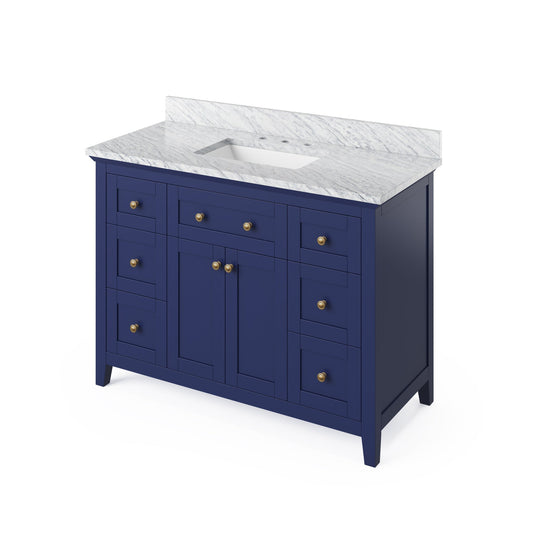 Hardware Resources Jeffrey Alexander Chatham Vanities 48" Hale Blue Freestanding Vanity With White Carrara Marble Vanity Top, Backsplash and Rectangle Undermount Sink