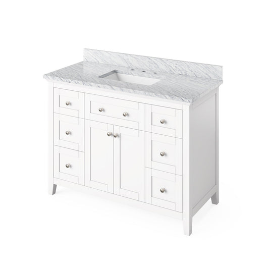 Hardware Resources Jeffrey Alexander Chatham Vanities 48" White Freestanding Vanity With White Carrara Marble Vanity Top, Backsplash and Rectangle Undermount Sink