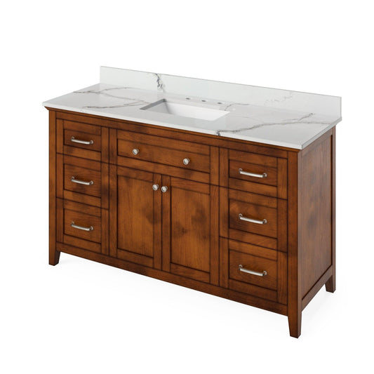 Hardware Resources Jeffrey Alexander Chatham Vanities 60" Chocolate Freestanding Vanity With Calacatta Vienna Quartz Vanity Top, Backsplash and Rectangle Undermount Sink