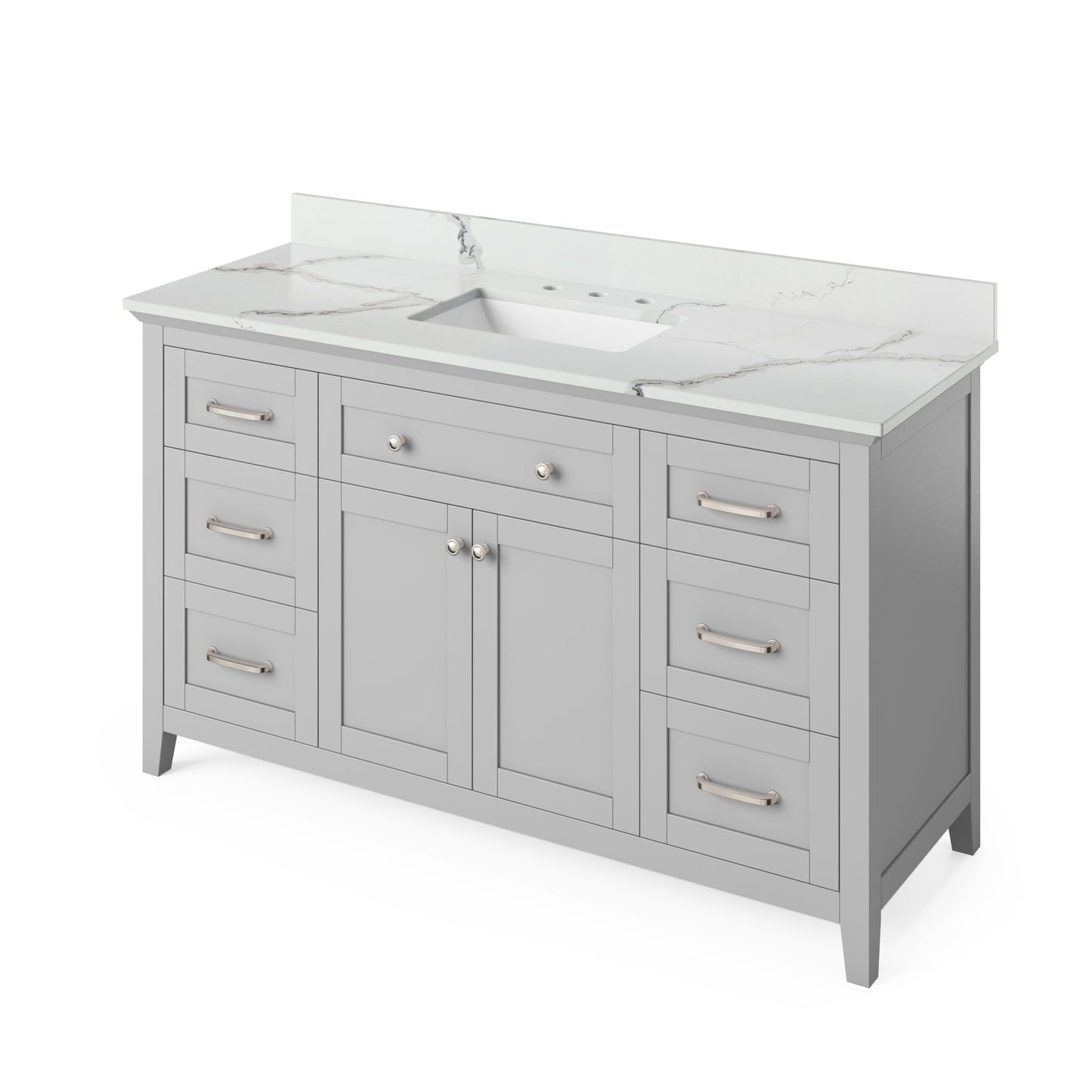 Hardware Resources Jeffrey Alexander Chatham Vanities 60" Gray Freestanding Vanity With Calacatta Vienna Quartz Vanity Top, Backsplash and Rectangle Undermount Sink