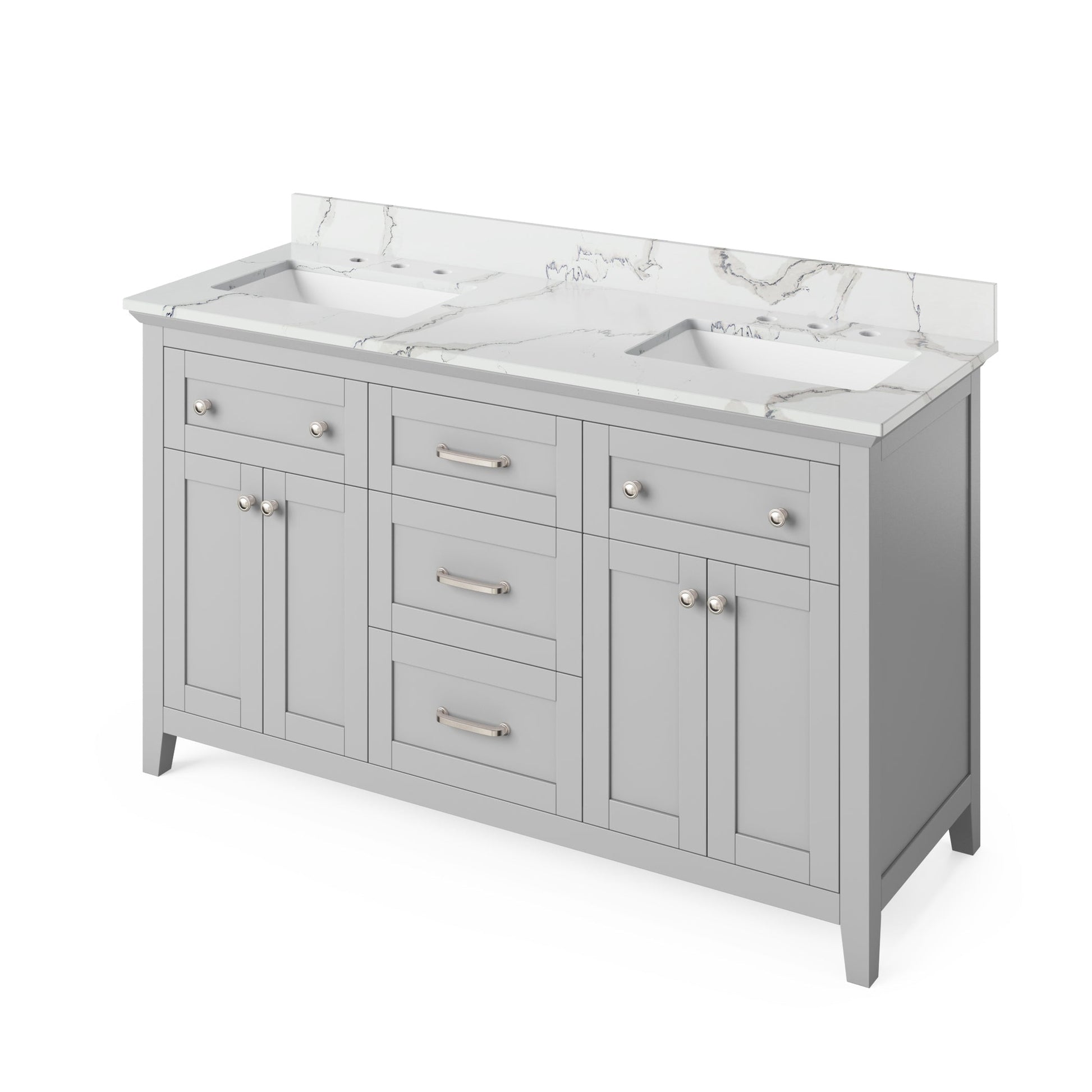 Hardware Resources Jeffrey Alexander Chatham Vanities 60" Gray Freestanding Vanity With Double Bowl, Calacatta Vienna Quartz Vanity Top, Backsplash and Rectangle Undermount Sink