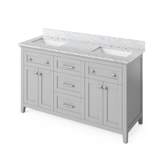 Hardware Resources Jeffrey Alexander Chatham Vanities 60" Gray Freestanding Vanity With Double Bowl, White Carrara Marble Vanity Top, Backsplash and Rectangle Undermount Sink