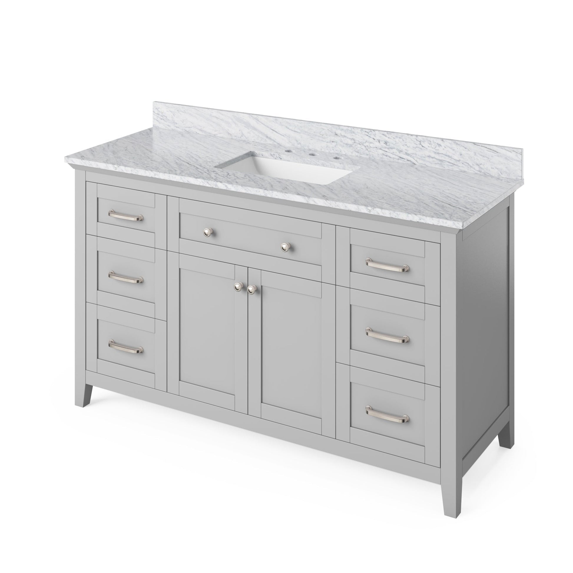 Hardware Resources Jeffrey Alexander Chatham Vanities 60" Gray Freestanding Vanity With White Carrara Marble Vanity Top, Backsplash and Rectangle Undermount Sink