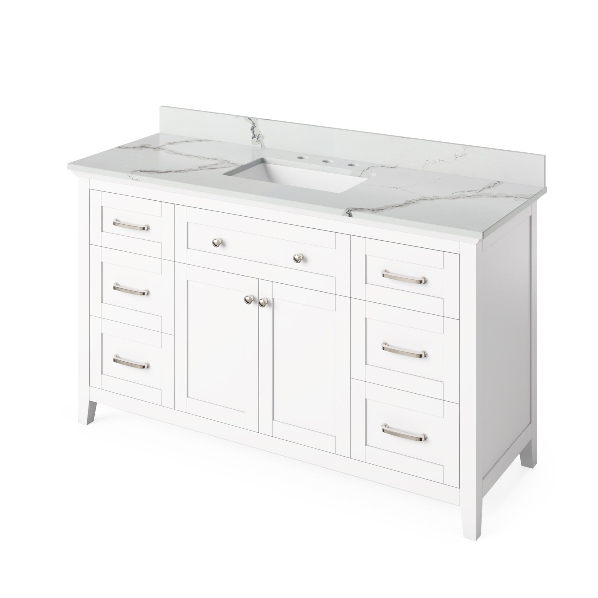 Hardware Resources Jeffrey Alexander Chatham Vanities 60" White Freestanding Vanity With Calacatta Vienna Quartz Vanity Top, Backsplash and Rectangle Undermount Sink