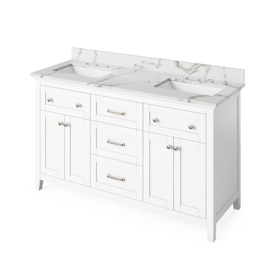 Hardware Resources Jeffrey Alexander Chatham Vanities 60" White Freestanding Vanity With Double Bowl, Calacatta Vienna Quartz Vanity Top, Backsplash and Rectangle Undermount Sink