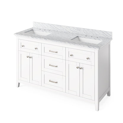 Hardware Resources Jeffrey Alexander Chatham Vanities 60" White Freestanding Vanity With Double Bowl, White Carrara Marble Vanity Top, Backsplash and Rectangle Undermount Sink