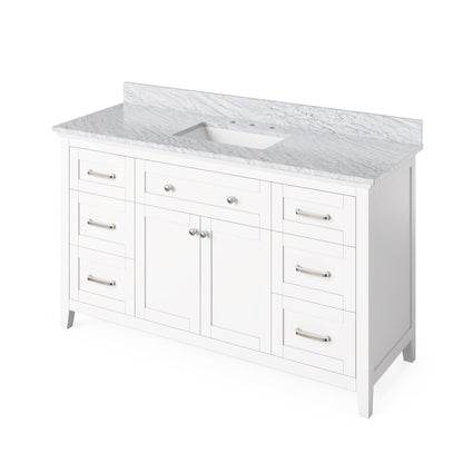 Hardware Resources Jeffrey Alexander Chatham Vanities 60" White Freestanding Vanity With White Carrara Marble Vanity Top, Backsplash and Rectangle Undermount Sink