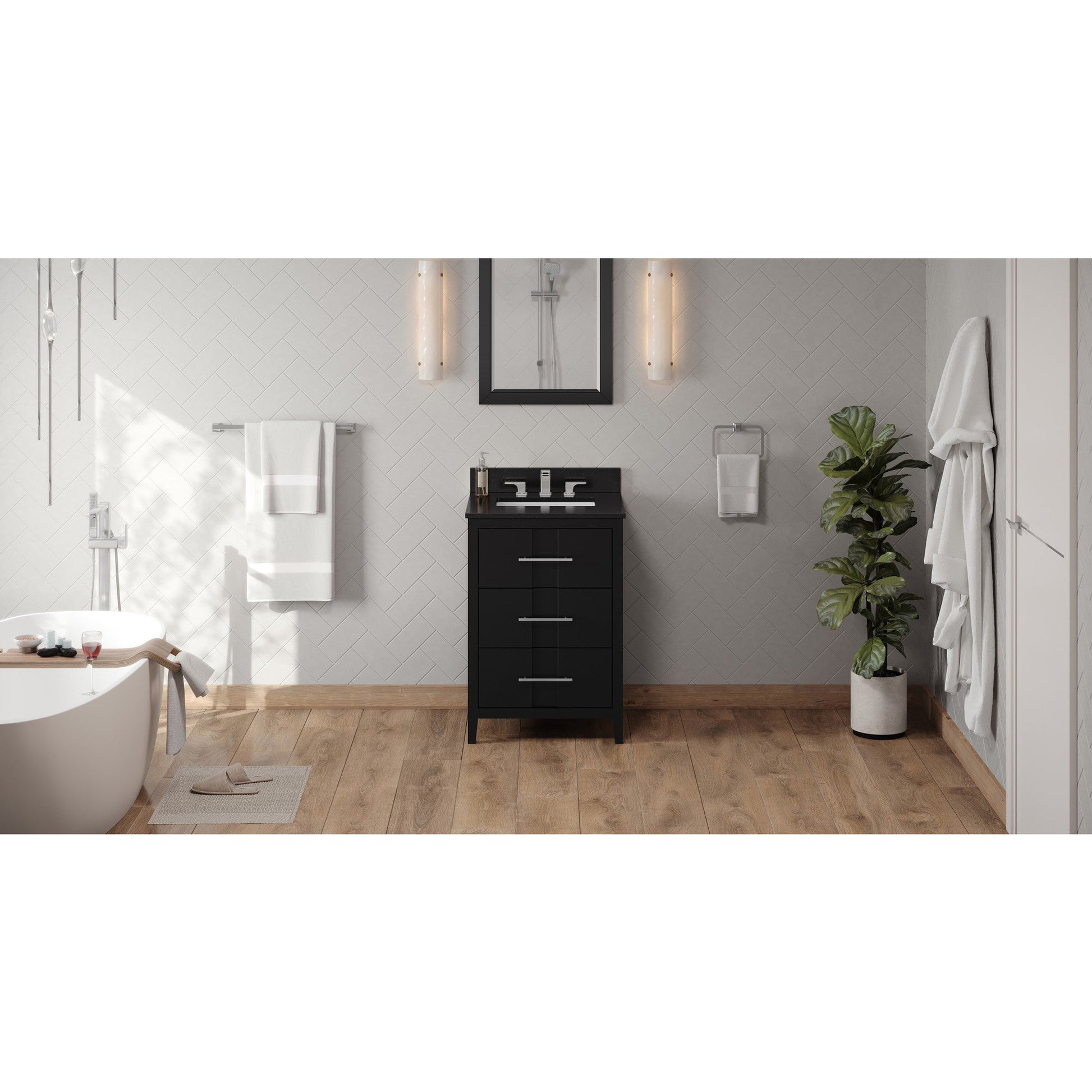 Hardware Resources Jeffrey Alexander Katara 24" Black Freestanding Vanity With Black Granite Vanity Top, Backsplash and Rectangle Undermount Sink