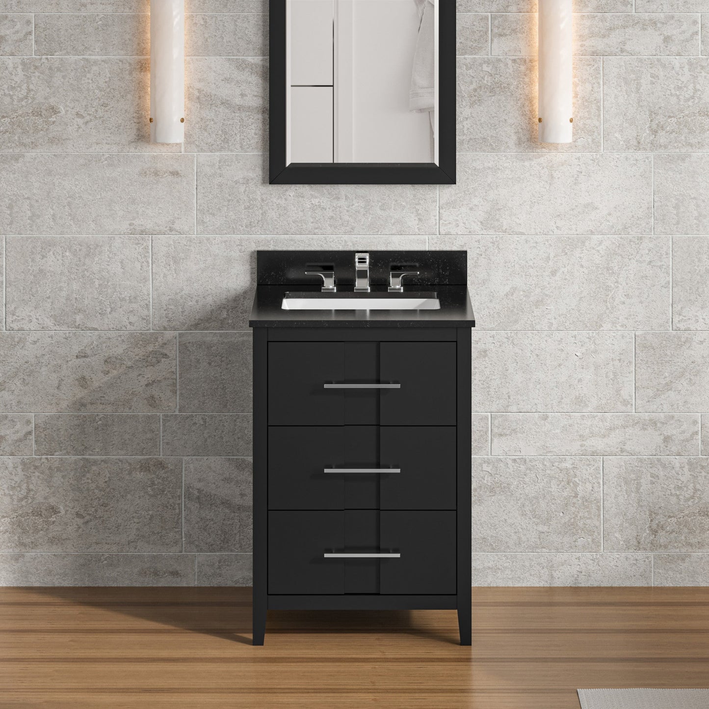 Hardware Resources Jeffrey Alexander Katara 24" Black Freestanding Vanity With Black Granite Vanity Top, Backsplash and Rectangle Undermount Sink