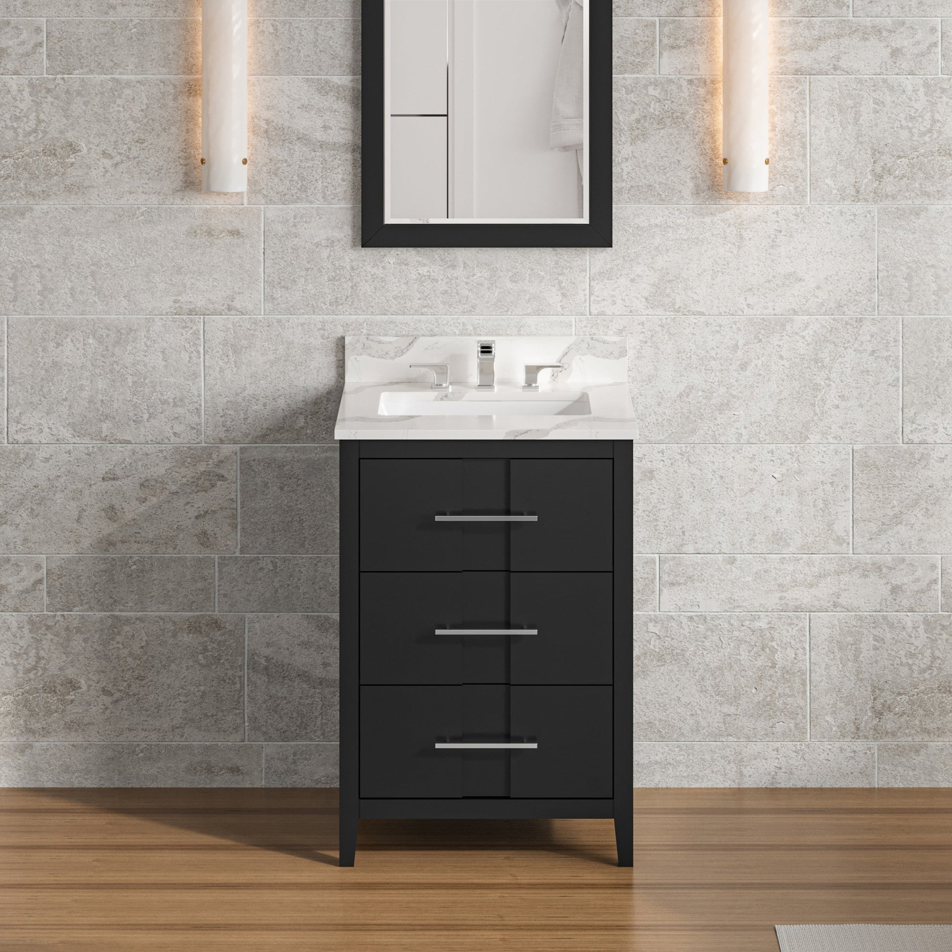 Hardware Resources Jeffrey Alexander Katara 24" Black Freestanding Vanity With Calacatta Vienna Quartz Vanity Top, Backsplash and Rectangle Undermount Sink