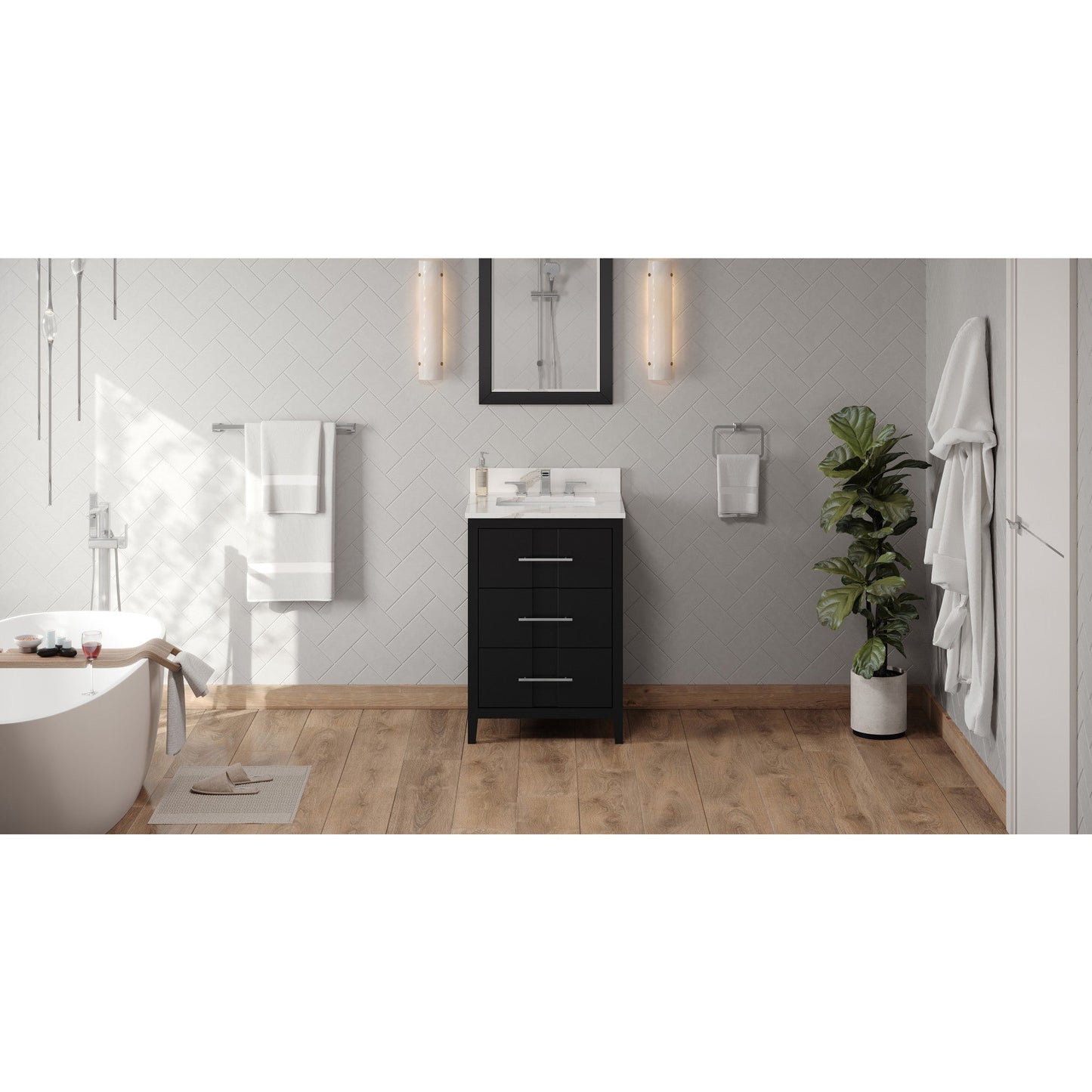 Hardware Resources Jeffrey Alexander Katara 24" Black Freestanding Vanity With Calacatta Vienna Quartz Vanity Top, Backsplash and Rectangle Undermount Sink