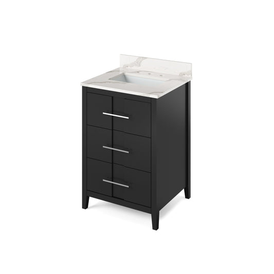 Hardware Resources Jeffrey Alexander Katara 24" Black Freestanding Vanity With Calacatta Vienna Quartz Vanity Top, Backsplash and Rectangle Undermount Sink