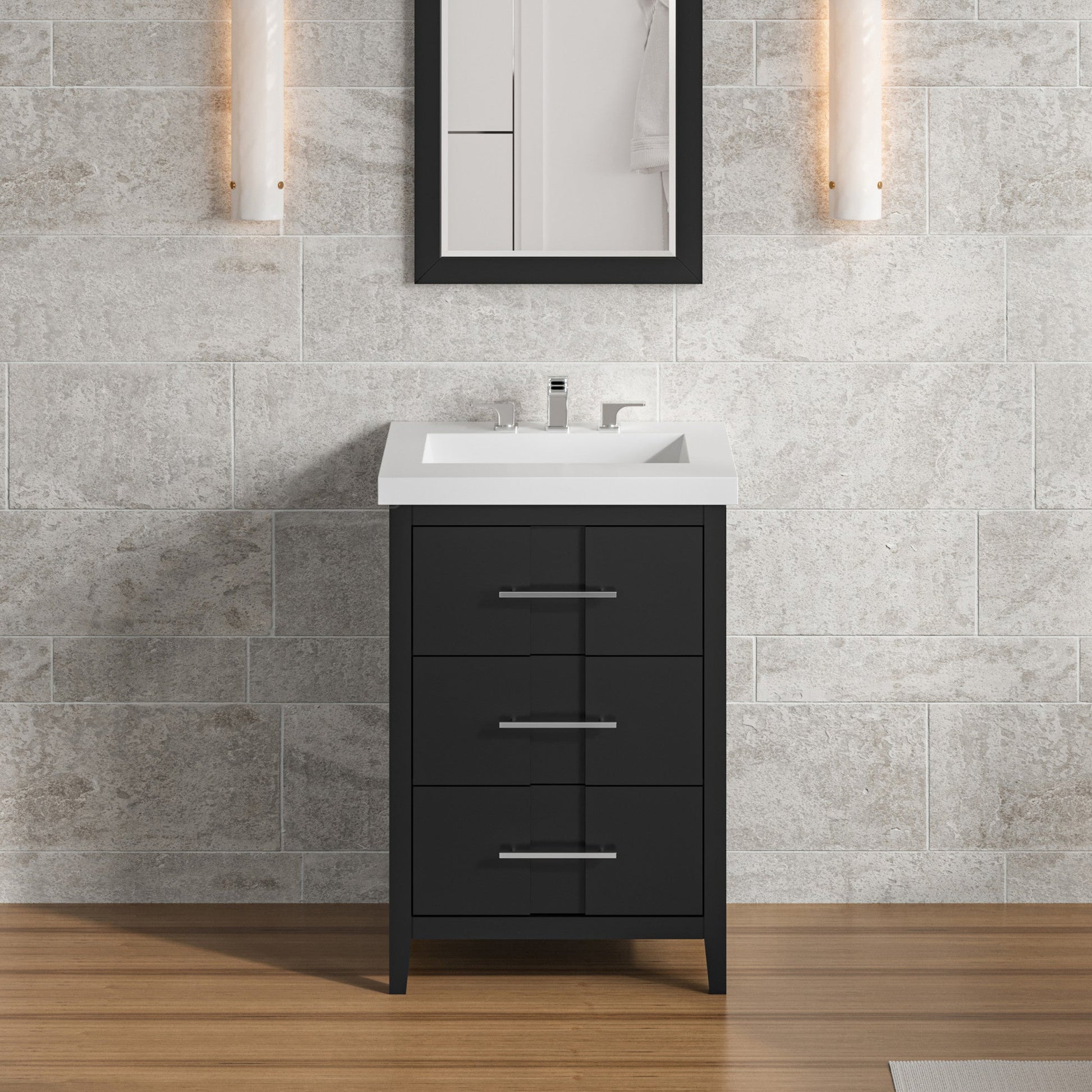 Hardware Resources Jeffrey Alexander Katara 24" Black Freestanding Vanity With Lavante Cultured Marble Vessel Vanity Top, Backsplash and Rectangle Undermount Sink