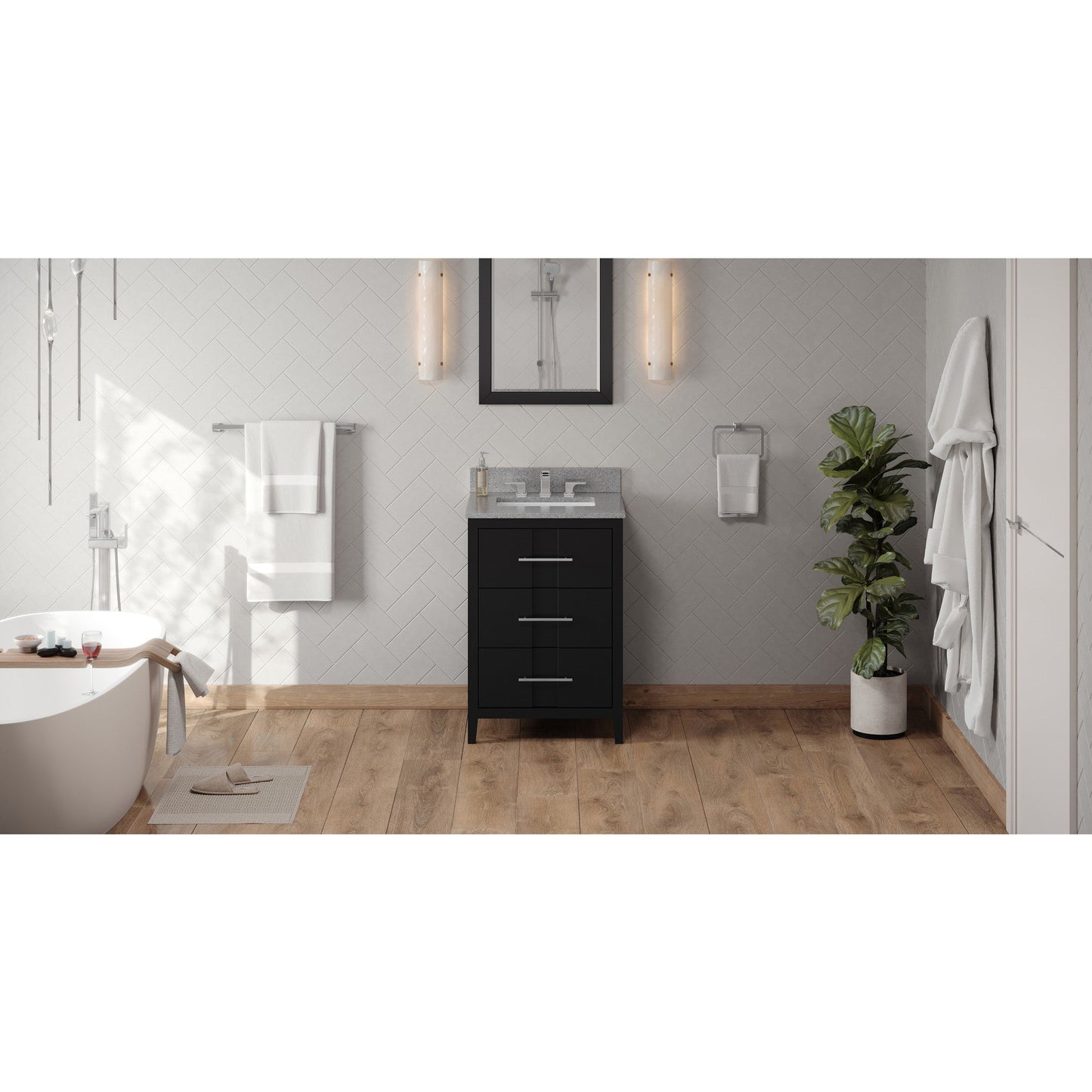 Hardware Resources Jeffrey Alexander Katara 24" Black Freestanding Vanity With Steel Gray Cultured Marble Vanity Top, Backsplash and Rectangle Undermount Sink