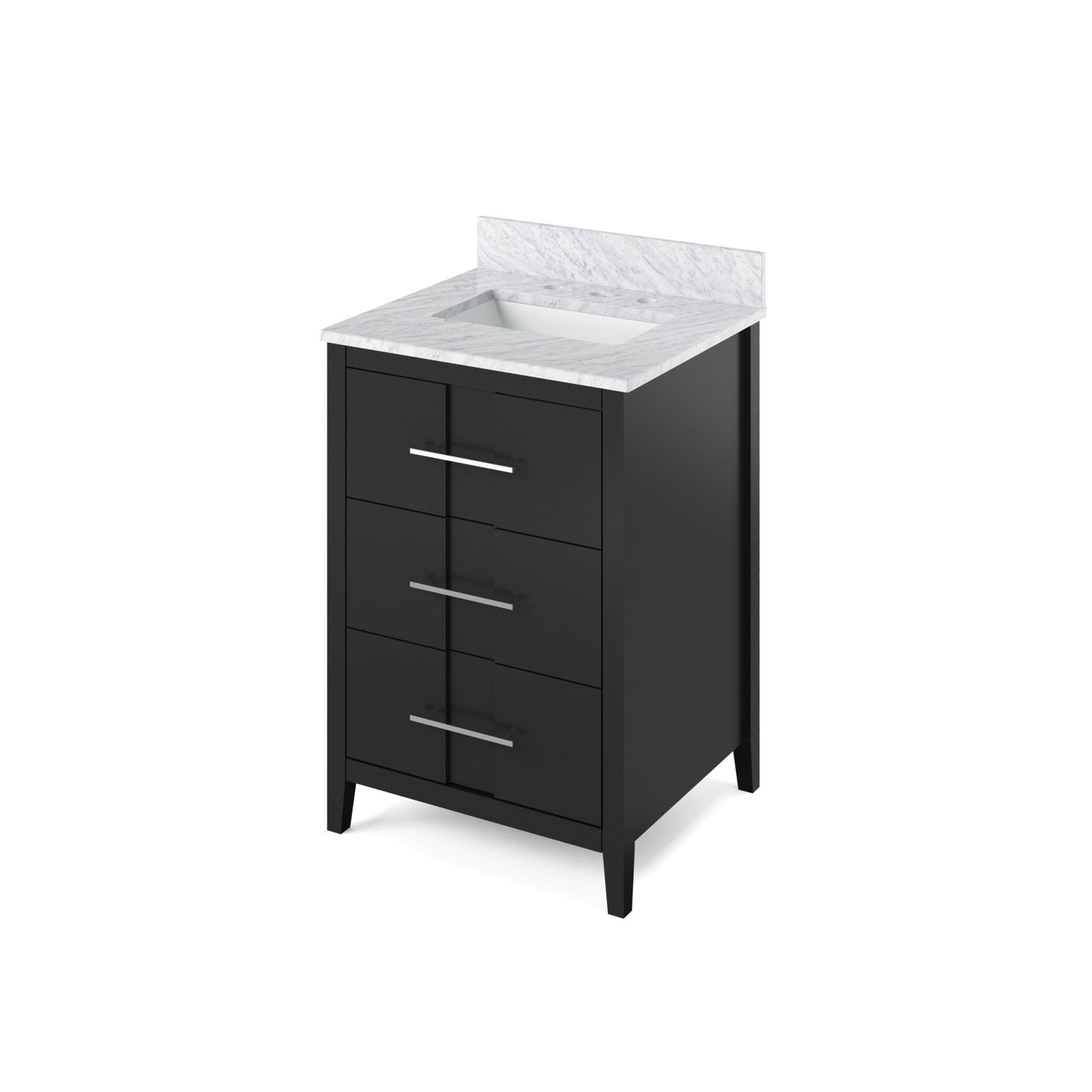 Hardware Resources Jeffrey Alexander Katara 24" Black Freestanding Vanity With White Carrara Marble Vanity Top, Backsplash and Rectangle Undermount Sink