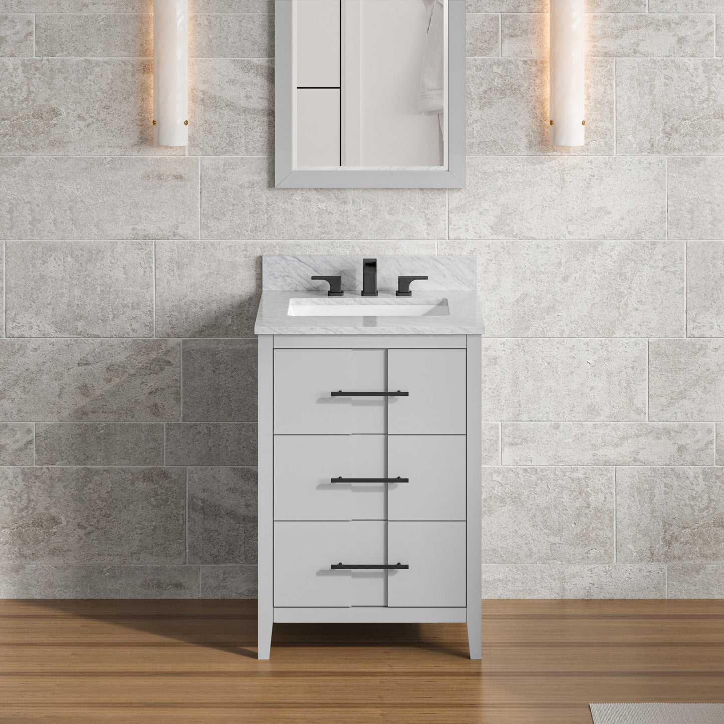 Hardware Resources Jeffrey Alexander Katara 24" Grey Freestanding Vanity With White Carrara Marble Vanity Top, Backsplash and Rectangle Undermount Sink