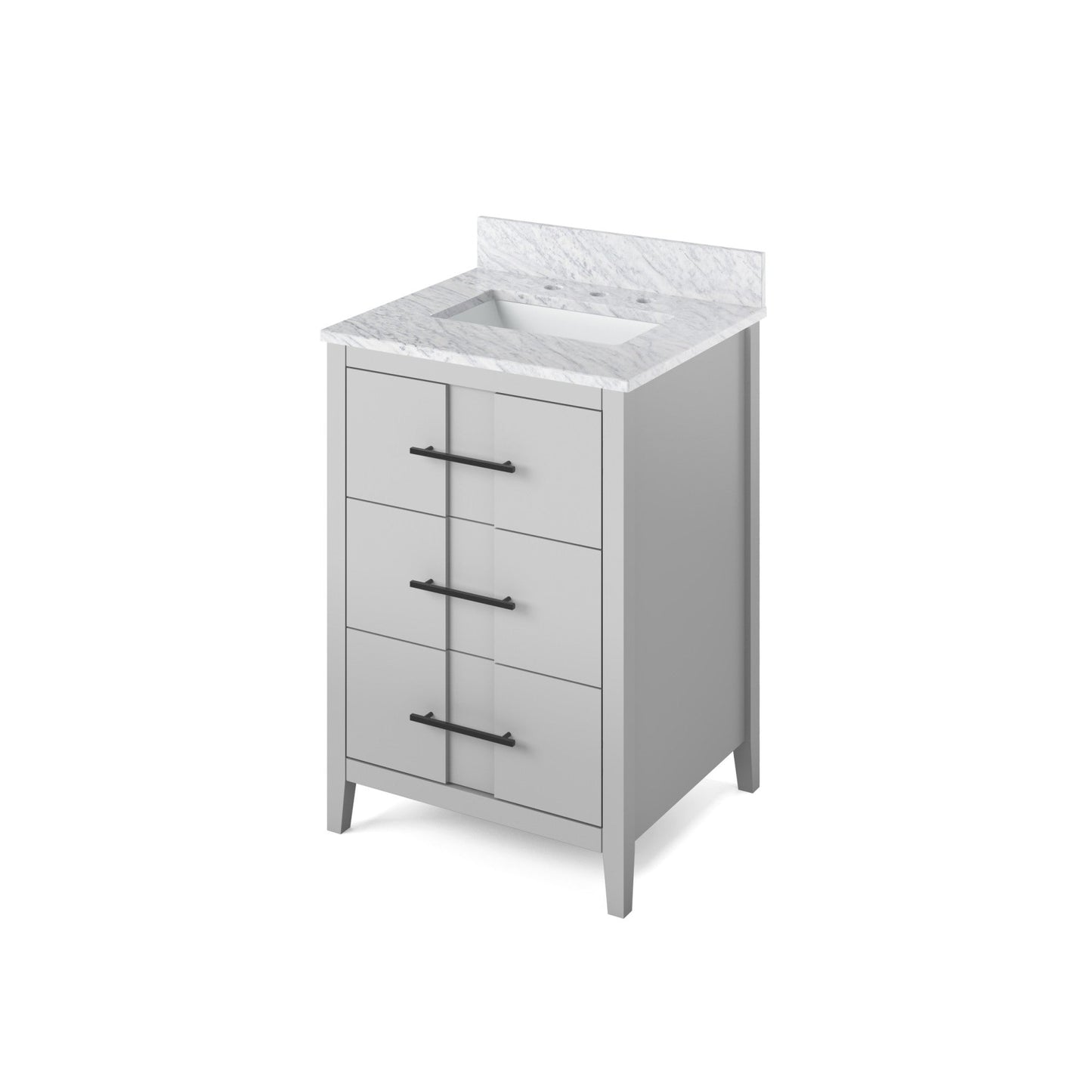 Hardware Resources Jeffrey Alexander Katara 24" Grey Freestanding Vanity With White Carrara Marble Vanity Top, Backsplash and Rectangle Undermount Sink