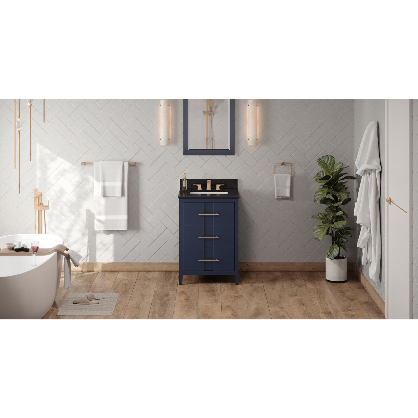 Hardware Resources Jeffrey Alexander Katara 24" Hale Blue Freestanding Vanity With Black Granite Vanity Top, Backsplash and Rectangle Undermount Sink