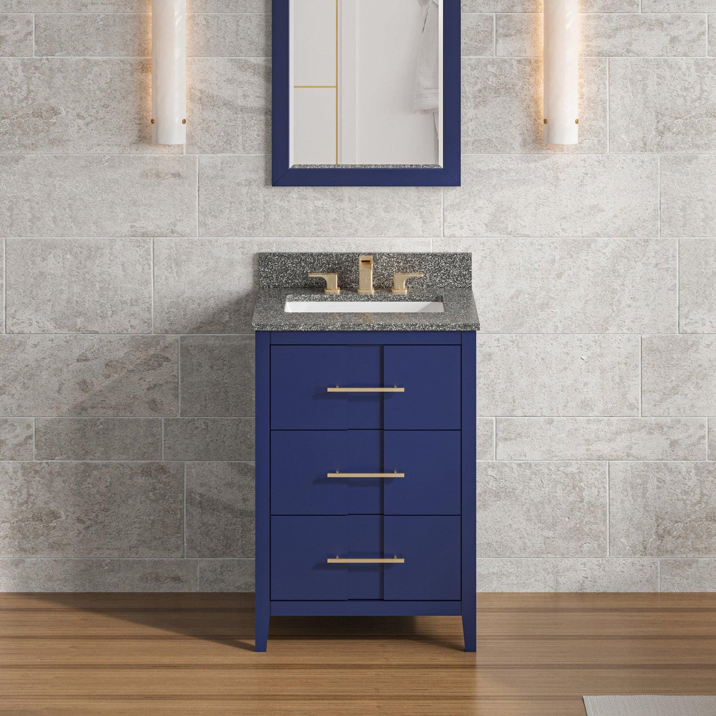 Hardware Resources Jeffrey Alexander Katara 24" Hale Blue Freestanding Vanity With Boulder Cultured Marble Vanity Top, Backsplash and Rectangle Undermount Sink