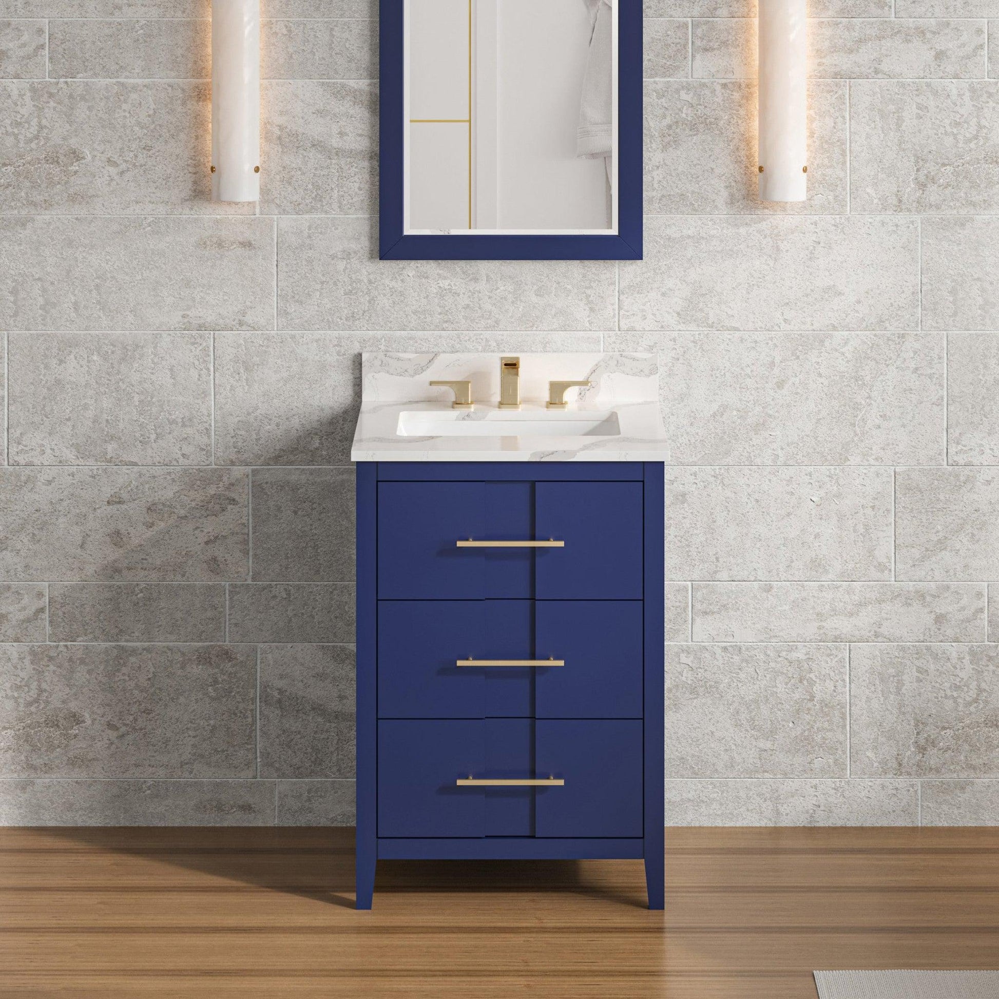 Hardware Resources Jeffrey Alexander Katara 24" Hale Blue Freestanding Vanity With Calacatta Vienna Quartz Vanity Top, Backsplash and Rectangle Undermount Sink