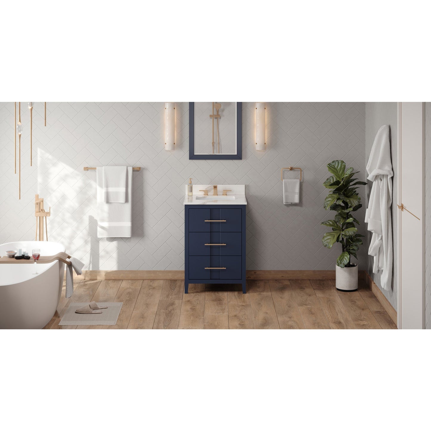 Hardware Resources Jeffrey Alexander Katara 24" Hale Blue Freestanding Vanity With Calacatta Vienna Quartz Vanity Top, Backsplash and Rectangle Undermount Sink