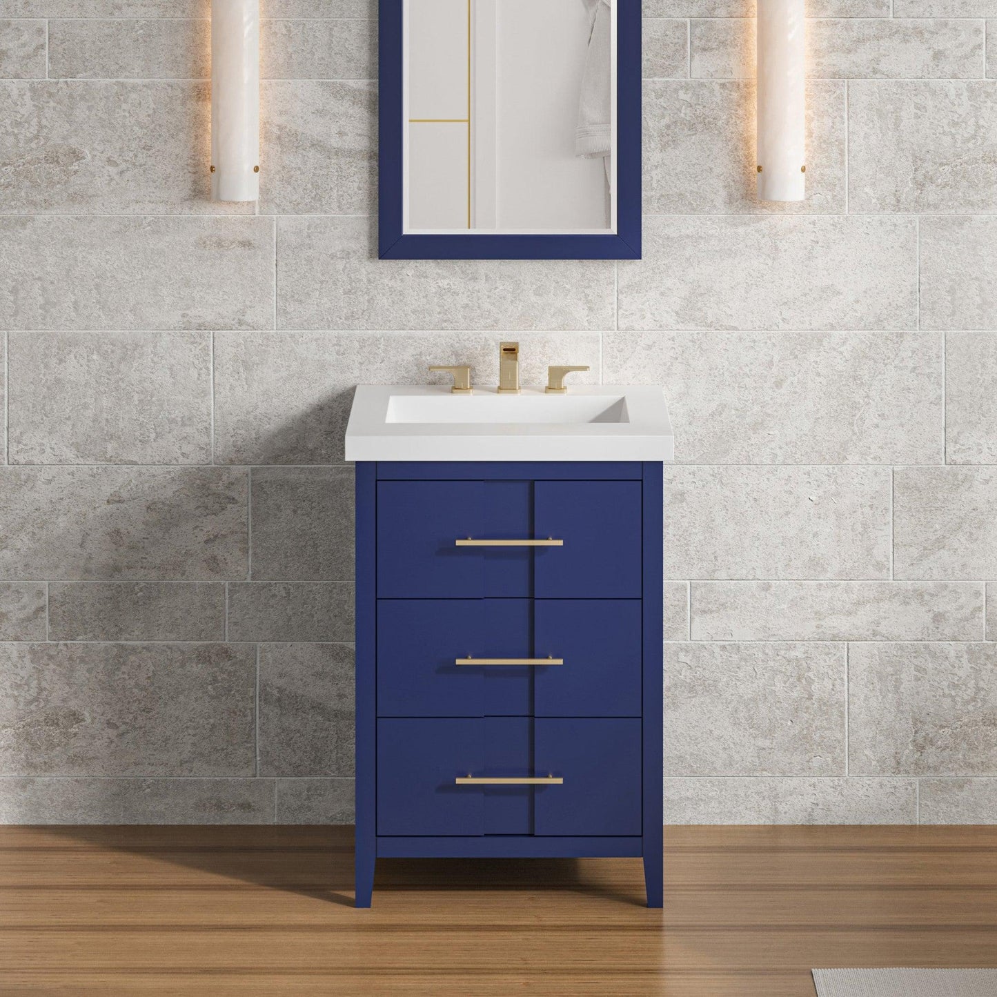 Hardware Resources Jeffrey Alexander Katara 24" Hale Blue Freestanding Vanity With Lavante Cultured Marble Vessel Vanity Top, Backsplash and Rectangle Undermount Sink