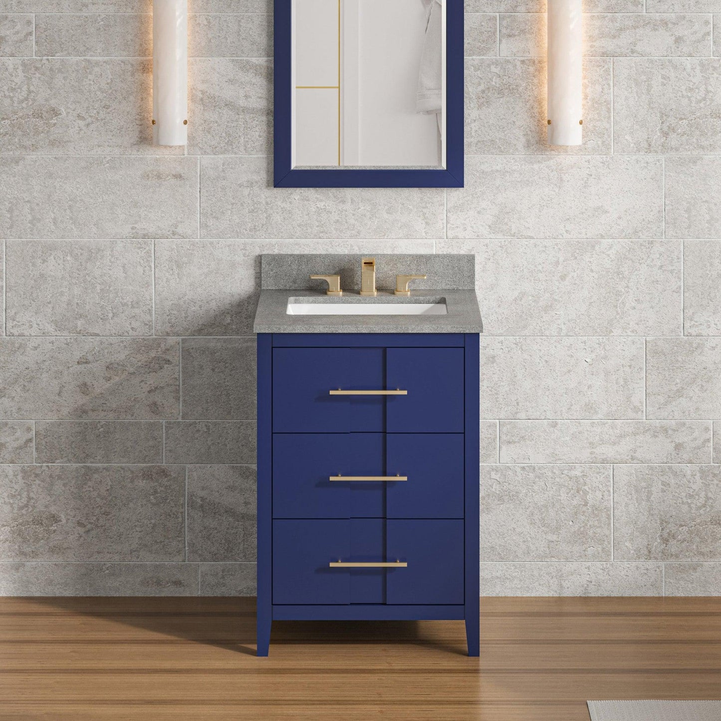 Hardware Resources Jeffrey Alexander Katara 24" Hale Blue Freestanding Vanity With Steel Gray Cultured Marble Vanity Top, Backsplash and Rectangle Undermount Sink