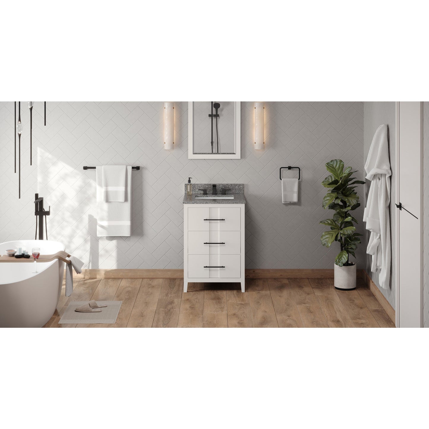 Hardware Resources Jeffrey Alexander Katara 24" White Freestanding Vanity With Boulder Cultured Marble Vanity Top, Backsplash and Rectangle Undermount Sink