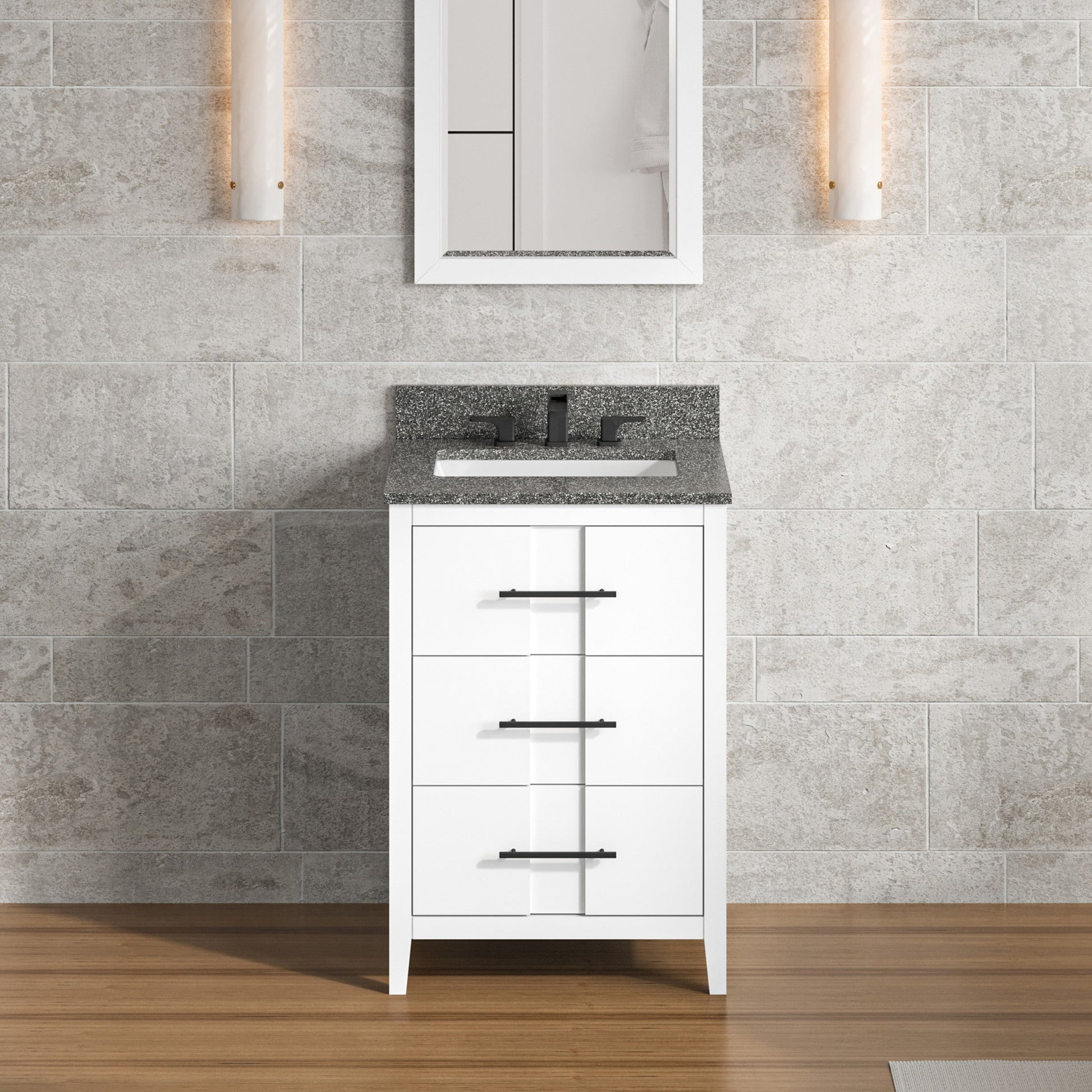 Hardware Resources Jeffrey Alexander Katara 24" White Freestanding Vanity With Boulder Cultured Marble Vanity Top, Backsplash and Rectangle Undermount Sink