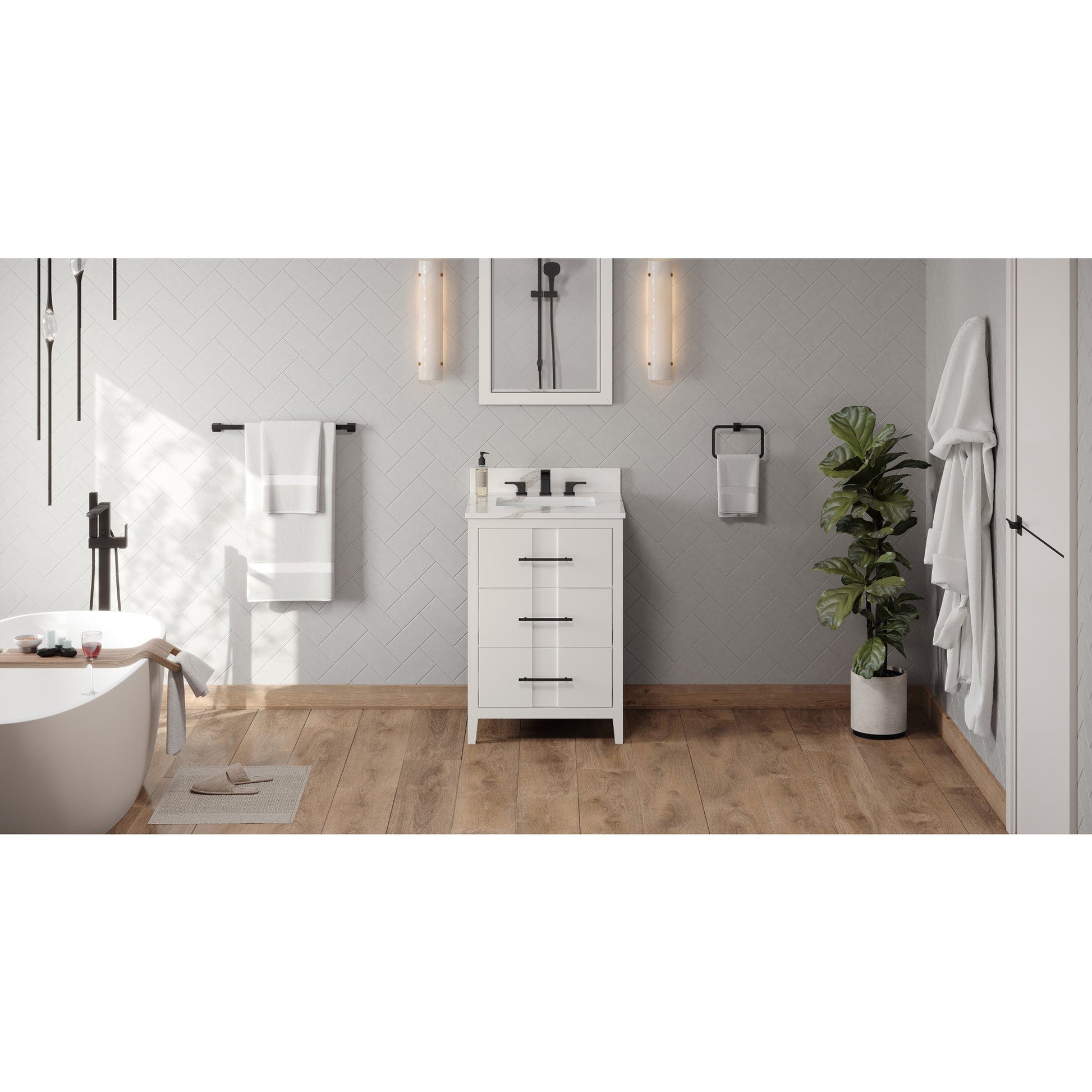 Hardware Resources Jeffrey Alexander Katara 24" White Freestanding Vanity With Calacatta Vienna Quartz Vanity Top, Backsplash and Rectangle Undermount Sink